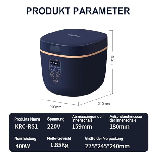Foto von KONKA Reiskocher Klein 2L - 18 Mins Schnelle Zubreitung, Anti-Überlauf, Warmhaltefunktion, 24Std. Timer & Premium Innentopf Mit Dampfgarer, 9 Programme