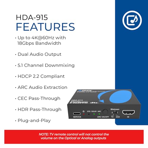 Image of OREI 4K@60Hz HDMI Audio Extractor & Decoder with ARC, HDCP 2.2, HDR (Dolby Vision / HDR10+ / HLG), 18Gbps, Optical SPDIF & Analog L /R Audio Out, Downmix, CEC Pass-Through (HDA-915)
