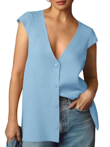 Image of Saodimallsu Womens Deep V Neck Sweater Vest Sleeveless Knit Button Up Loose Fit Cap Sleeve Trendy Summer Tops