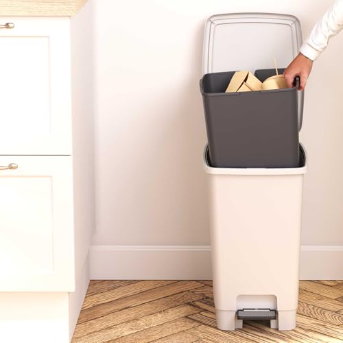 Image of Sundis Bucket Bin, 30L Pedal Bin, Removable Bucket, Rectangular, Recycled Plastic, Grey, for Kitchen, Office, Laundry, Workshop, Bathroom
