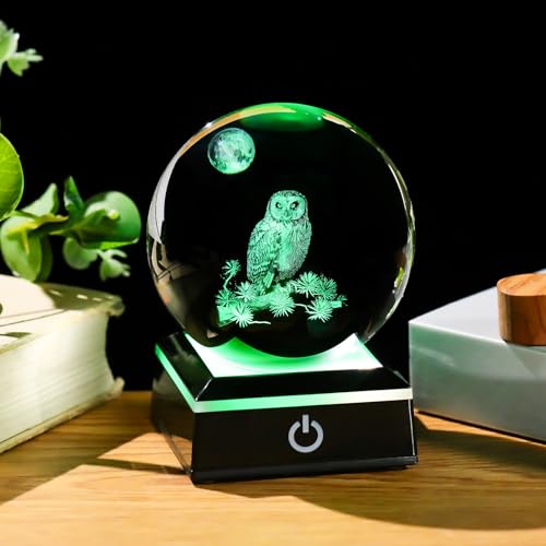 Image of Arikyrist 3D Owl Crystal Ball Figurine with LED Base Laser Owl Gifts for Men Women Owl Lovers on Christmas Birthday Decorative Owl Statue Ball Glass Animals Globe Night Light for Home Decor (80mm)