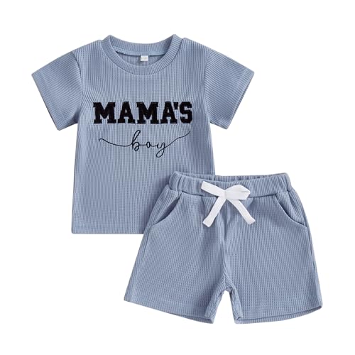 Carolilly Toddler Boy Summer Clothes Crew Neck MAMA'S BOY Fuzzy Letter Embroidery Short Sleeve T-Shirt with Elastic Waist Shorts 2Pcs Baby Boys Clothing Sets (Navy Blue, 12-18 Months)