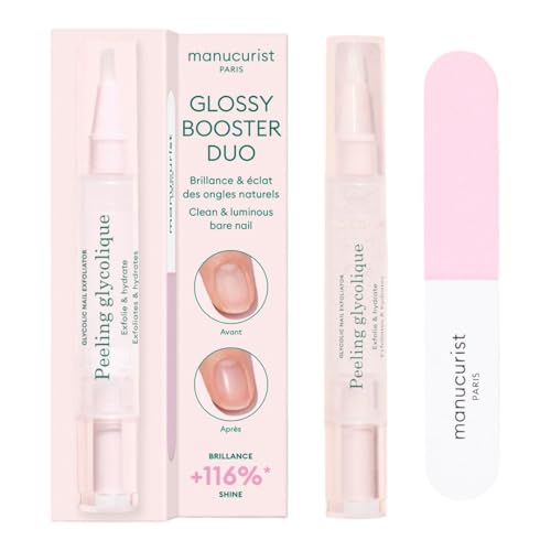 Manucurist Glossy Booster Duo - Soin Ongle Exfoliant Peeling Glycolique & Polissoir - Kit Manucure Ongles Naturels Brillants sans Vernis - Brillance Instantanée - Nail Care