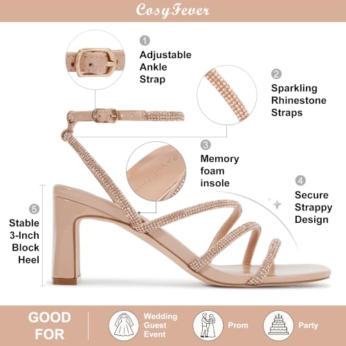 Image of CosyFever Women's Rhinestone Block Heels for Dressy Occasions, Strappy Ankle Strap Dress Heels, Square Toe Evening Heels for Wedding Guest, Prom, Party