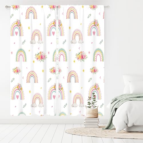 Meshelly MES-ZLSFXJ-76538 Boho Rainbow Pink Floral Curtains 42Wx63H Inch Rod Pocket Girls Kids Watercolor Flower Cute Cartoon Colorful Bedroom Window Drapes Aesthetic Living Room Window Treatment Fabric 2 Panels thumb #3