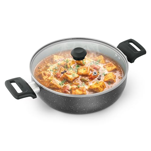 Image of Impex Nonstick Deep Kadai Pan with Glass Lid | Non Stick Aluminium Kadhai | 3 Litre Capacity | Induction and Gas Stove Compatible | Heatproof Handles | PFOA Free | 1 Year Warranty