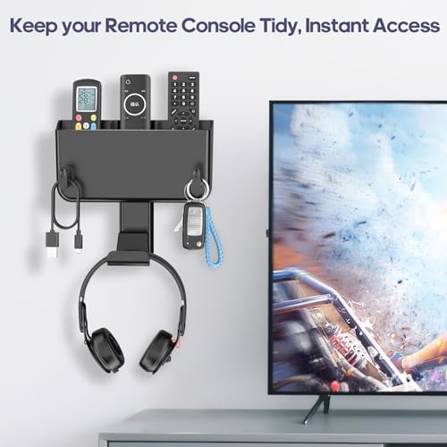 Image of Kytok Adhesive Remote Control Holder Wall Mount with Headset Hanger, 3 in 1 Organizer TV /Fan Remote Caddy with Hook for Headphone, No Drill Controller Storage Bracket, Bed Wall Rack