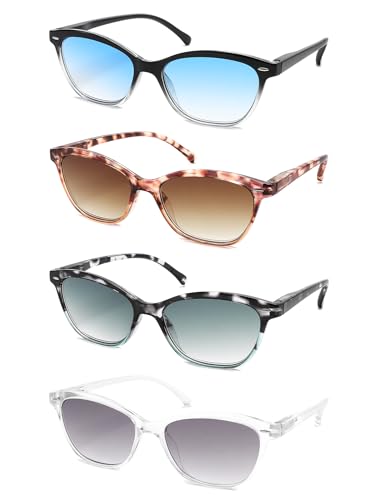 MODFANS Un Pack de 4 Gafas de Lectura Mujer Gafas de Sol,Anti Luz Azul,Lente Clara,Vision Clara,Ligeras Comodas,Colores Mezclados