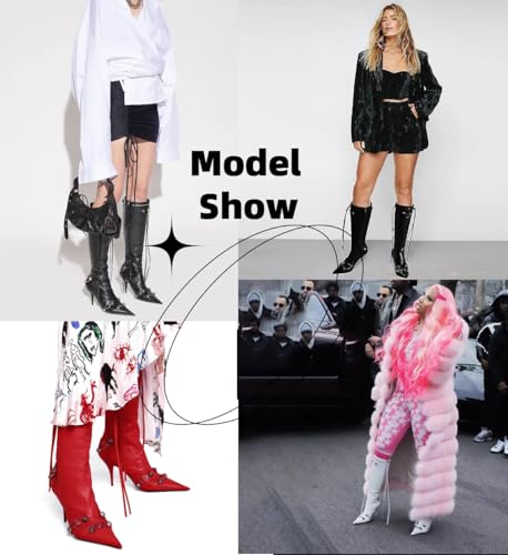 Women's Knee High Boots Pointed Toe Tassel Black Leather Boots Stilettos High Heel Boots Fashion Trendy Shark Boots Side Zipper2