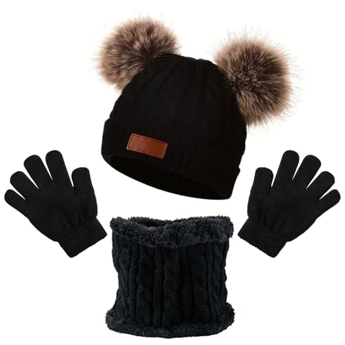 MUNSKT 3Pcs Kids Winter Warm Beanie Hat Scarf Gloves Set for 1-5 Years Old Boys Girls. Winter Accessories Sets for Children Outdoor Sports Knit Thick Warm Fleece Lined Thermal Sets (Black 2)