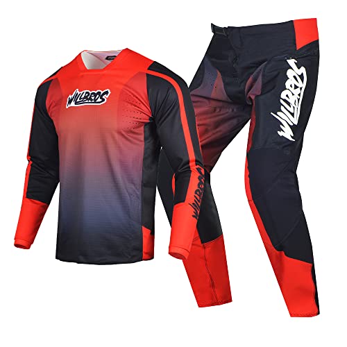 Willbros Combinaison de Pantalon en Maillot de Motocross Hommes Femmes Vélo hors Route MX Ensemble Enduro Ride Adultes Vêtements de Course Noir Rouge...