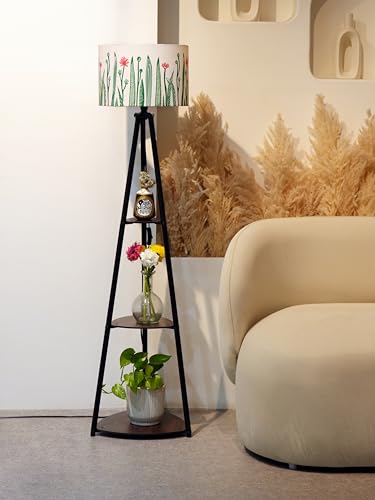 Crosscut Furniture- Printed Series Tripod Floor Lamp with 3 Shelves, LED Bulb Included (Garden Grass)