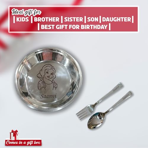Image of SAVRI Personalized Stainless Steel Round Plate with Spoon & Fork with Name & Design Engraved. for Home Kitchen, Best for Return Gift, Schools (Round)