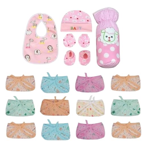 Baby Gift Set with Nappy Wraps, Bib, Cap, Mittens, Booties and Feeding Bottle Cover, Multicolour, Newborn-image-15