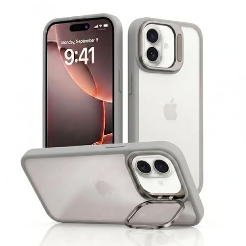 Image of amazon basics Frosted Matte Case for iPhone 17 | Built-in Flip-Out Camera Lens Stand | Translucent Back with Contrast Gray Bumper | Shockproof Protective Cover with Foldable Kickstand