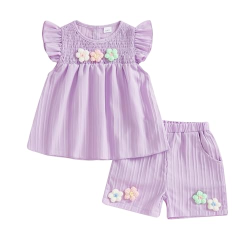 Toddler Baby Girl Clothes Knit Floral Fly Sleeve Tops Shorts Cute Summer Spring Outfits Infant Clothing Set