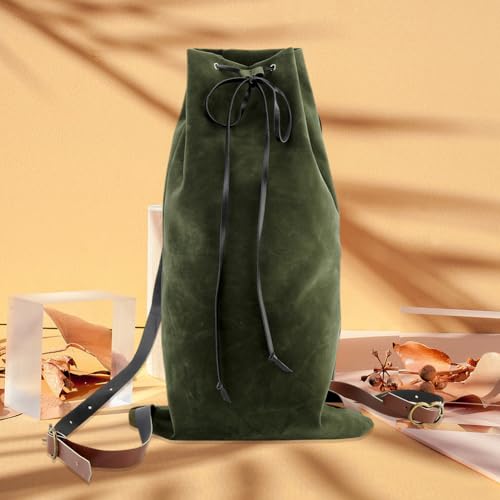 Image of GORGECRAFT Medieval Drawstring Backpack Vintage Fibre Bag with PU Leather Straps Alloy Clasps Portable Pouch for SCA LARP Reenactment Ren Fair Cosplay Outdoor Gym Swim Beach Dark Olive Green 18x10.8in