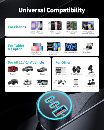 67W 3-Port Super Fast Type C Car Charger USB C for Samsung S26 S25 S24 S23