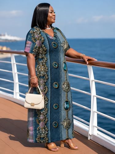 Image of SUZONANA Plus Size Denim Print Maxi Dresses for Women Casual V Neck Short Sleeve with Pockets Soft Jean Look Dress XL-6XL