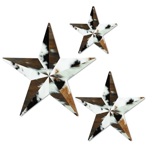 Putuo Decor Western Metal Star Wall Decor Set of 3, Rustic Cowhide Stars for Home and Outdoor, Vintage Texas Star Wall Decorations for Country Farmhouse Living Room(Flat, It's Not 3D)