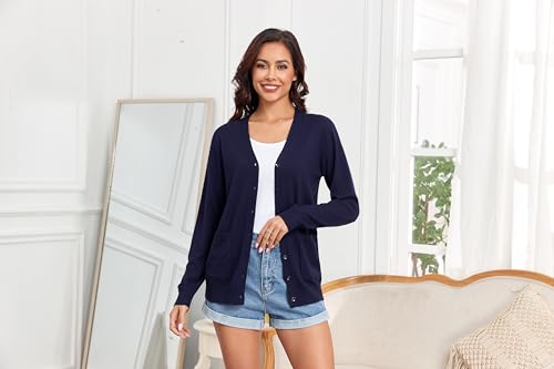 Image of TASAMO Women's Lightweight Button Down Cardigan Sweaters Long Sleeve Classic V Neck Knit Soft Shrugs with Pocket