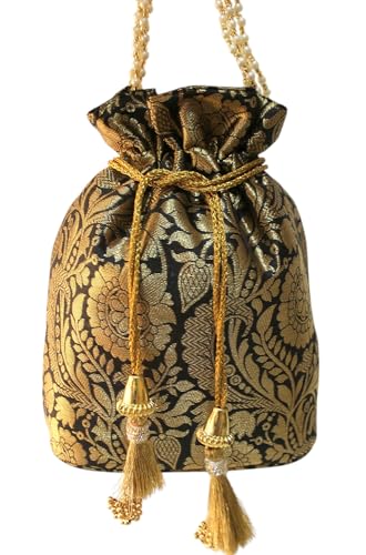 Image of MILAN'S CREATION Banarasi Silk Brocade Potli Bag Purse With Base Drawstring Women's handbag with Pearl Handle & Tassel Weddings