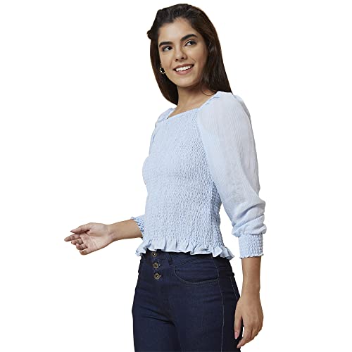 Image of Globus Women Blue Self Design Square Neck Fitted Top