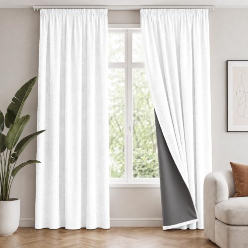 Deconovo 100% Blackout Abdunkelnde Vorhänge mit Kräuselband Weiß | 2er Set, H 260 x B 140 cm, Blickdichte Gardinen, Leinenstruktur, Kälteschutz, geeignet für Wohnzimmer und Schlafz