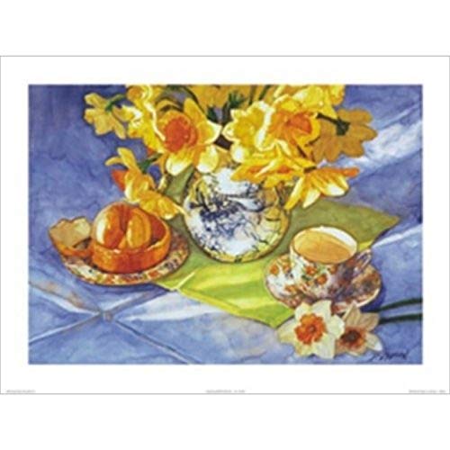 Daffodils and Orange by Deborah L. Chabrian 24x18 Art Print Poster Vintage Still Life Yellow Flowers in Floral Vase Tea Cup and Peeled Orange