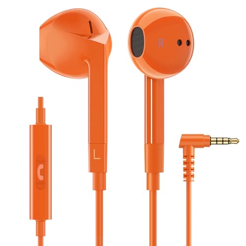 Image of LUDOS FEROX Wired Earbuds in-Ear Headphones, 5 Year Warranty, Earphones with Microphone, Noise Isolation Corded for 3.5mm Jack Ear Buds for iPhone, Samsung, Laptop, Kids, School Students - Orange