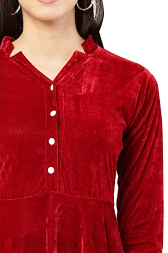 Image of Women's Midi Velvet Short DressWith Band Collar and Sleeve