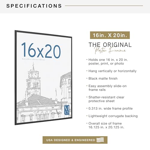 MCS Original Poster Frame 16x20 Black Lightweight Vertical & Horizontal Wall Hanging Large Picture Frame for Posters, Art Prints & Gallery Wall (1-Pack) - Thumbnail 3