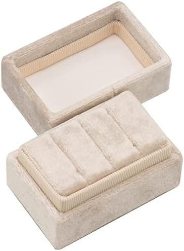 Rectangle Velvet Ring Box Storage 3 Slots for Wedding Ceremony Proposal Engagement Birthday Gift (Beige)