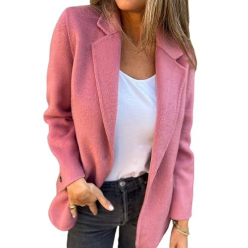 Veste à Revers Tendance Et Décontractée pour Femme, Manteau Vintage en Tweed De Laine pour Femme, Manteau en Laine à Revers Cranté pour Femme (Rose,M)