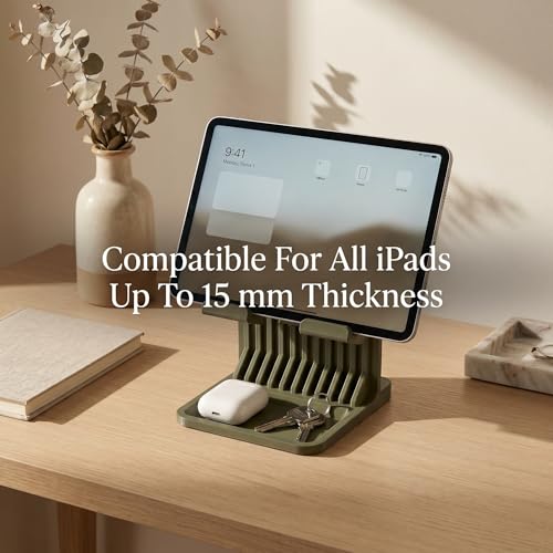 Image of Universal Tablet Stand with Storage Tray | 3D Printed Desk Holder Compatible with iPad Pro, iPad Air, Samsung Galaxy Tab & Tablets up to 15 mm Thickness | Modern Organizer Stand