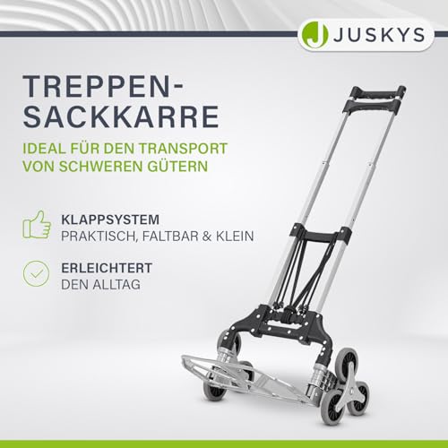 Juskys Treppensackkarre klappbar & bis 80 kg belastbar - Alu Mini Sackkarre für Treppen - mit Handschuhen & Expanderseilen - Treppensteiger klein
