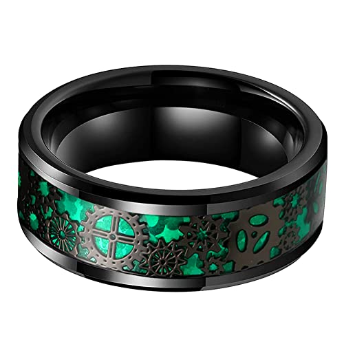 Tutiss 8Mm Green Carbon Fiber Steampunk Gear Inlay Black Tungsten Rings For Men Women Wedding Bands Beveled Edges Comfort Fit Size 10.5 #TOP1