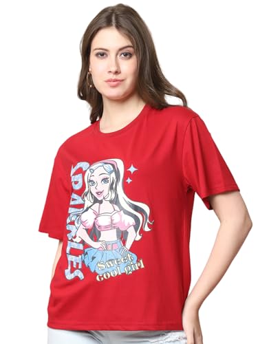 Fabflee Oversized Cotton Baggy Drop Shoulder Graphic Tee with Half Sleeves | Korean Casual Loose T-Shirt for Women, Red, XL