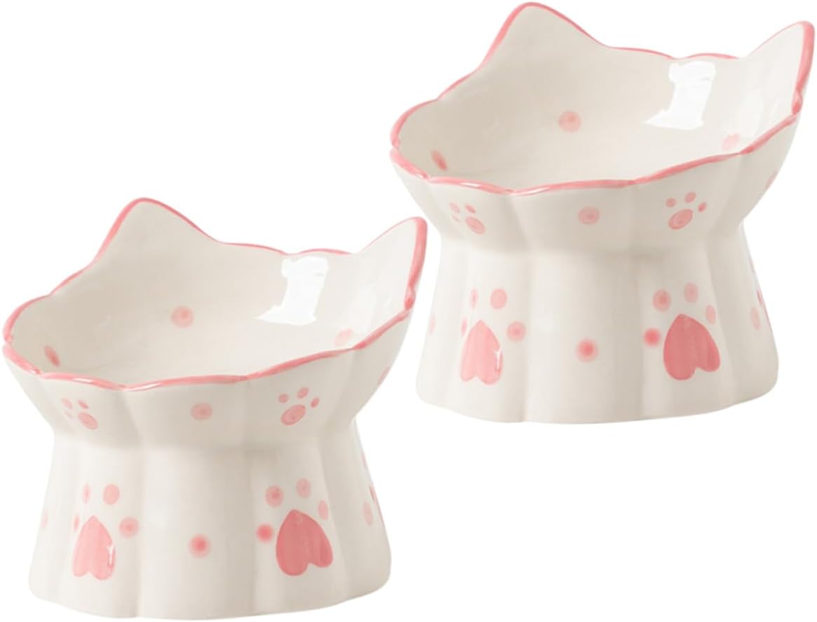2pcs Elevated Ceramic Cat Bowl with Neck Protection Raised Pet Feeder Bowls for Indoor Cats Tilted Whisker Friendly Design Non Spill Water and Food Dish High Grade Material