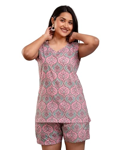 Image of Women's Cotton Printed Night Suit Set of Top & Shorts Sleeveless Women's Lounge Wear Set