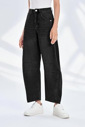 بنطلون جينز بوي فريند فضفاض للنساء بساق واسعة تصميم فينتاج متوسط الارتفاع دنيم بطول الكاحل