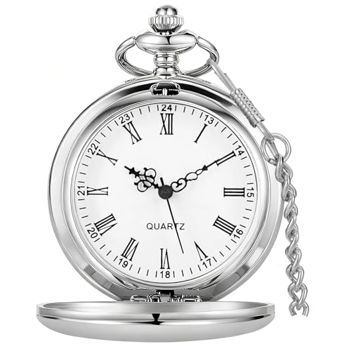 Tiong Vintage Silver Smooth Steel Pocket Watch with Chain Roman Numerals Silver Men's Quartz Pocket Watches for Men