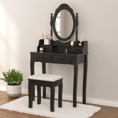 Alohappy Girls Vanity Desk, Makeup Vanity Set With Mirror & Stool, Makeup Table Black Vanity Desk With 4 Drawers Vintage Rose Carving Dressing Desk For Bedroom, Studio (Black) #TOP14