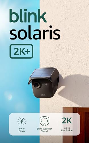 Image of Blink Solaris 2K+ (newest model) - Solar-powered battery smart security camera, wireless fixed solar panel, 2K video, Sync Module Included - 3 camera system (Black)