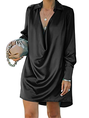 LYANER Women s Satin Collar V Neck Drape Ruched Front Flowy Long Sleeve Short Mini Dress Black X-Large