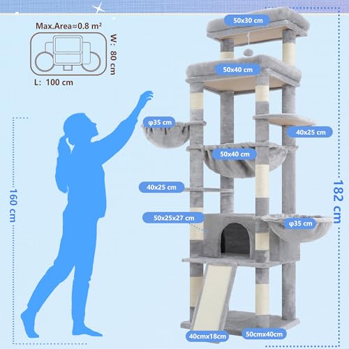 Hey-brother Kratzbaum, 182 cm hoch Katzenbaum für Großkatze, mehrstöckiger Katzenkratzbaum mit 2 Grosse liegefläche, 3 Hängematten, Höhle, 2-in-1-Sisalkratzbrett, Plüschbällen, Hellgrau EMPJ080W