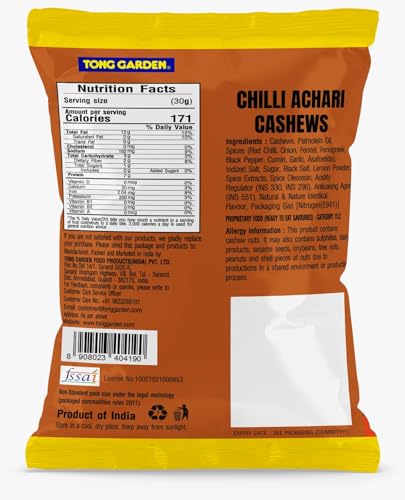 Image of Tong Garden 30g Chilli Achari Cashews | Spicy & Tangy Cashews with Bold Seasoning | Protein-Rich Healthy Nuts | Perfect for Snacking & Parties - (Pack of 5)