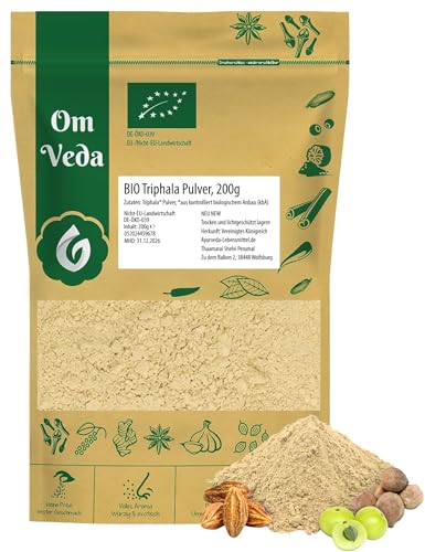 BIO Triphala Pulver 200g – Ayurvedische Mischung aus Amla, Haritaki & Bibhitaki | Vegan Ohne Zusatz | Ayurveda Früchte | OmVeda