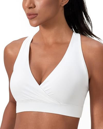 Women's Sports Bra, Criss Cross Deep V Neck Racerback Workout Top with Removable Pads, Medium Impact Tank Top White XL
