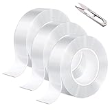 LSXD Cinta Doble Cara Extrafuerte, 3 Rollos 5M Nano Tape con Tijera, Adhesivos Doble Cara Transparente, Reutilizable y...